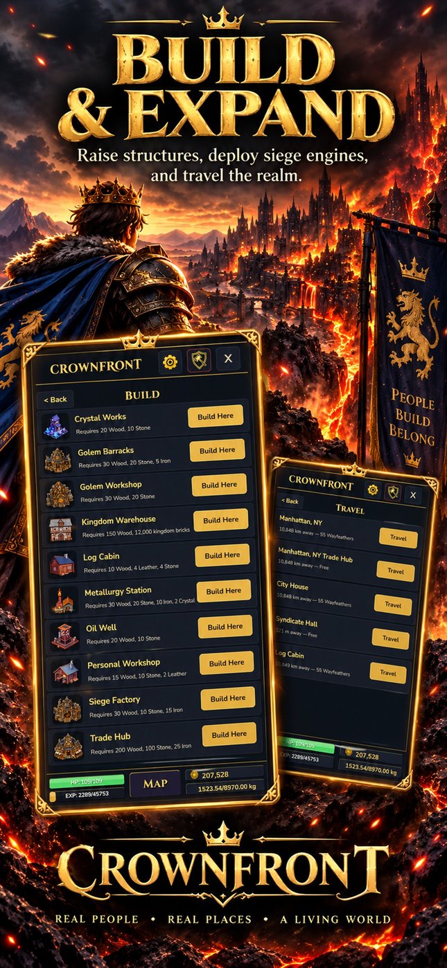 Crownfront store capture: the build menu with each structure's cost, and the travel list