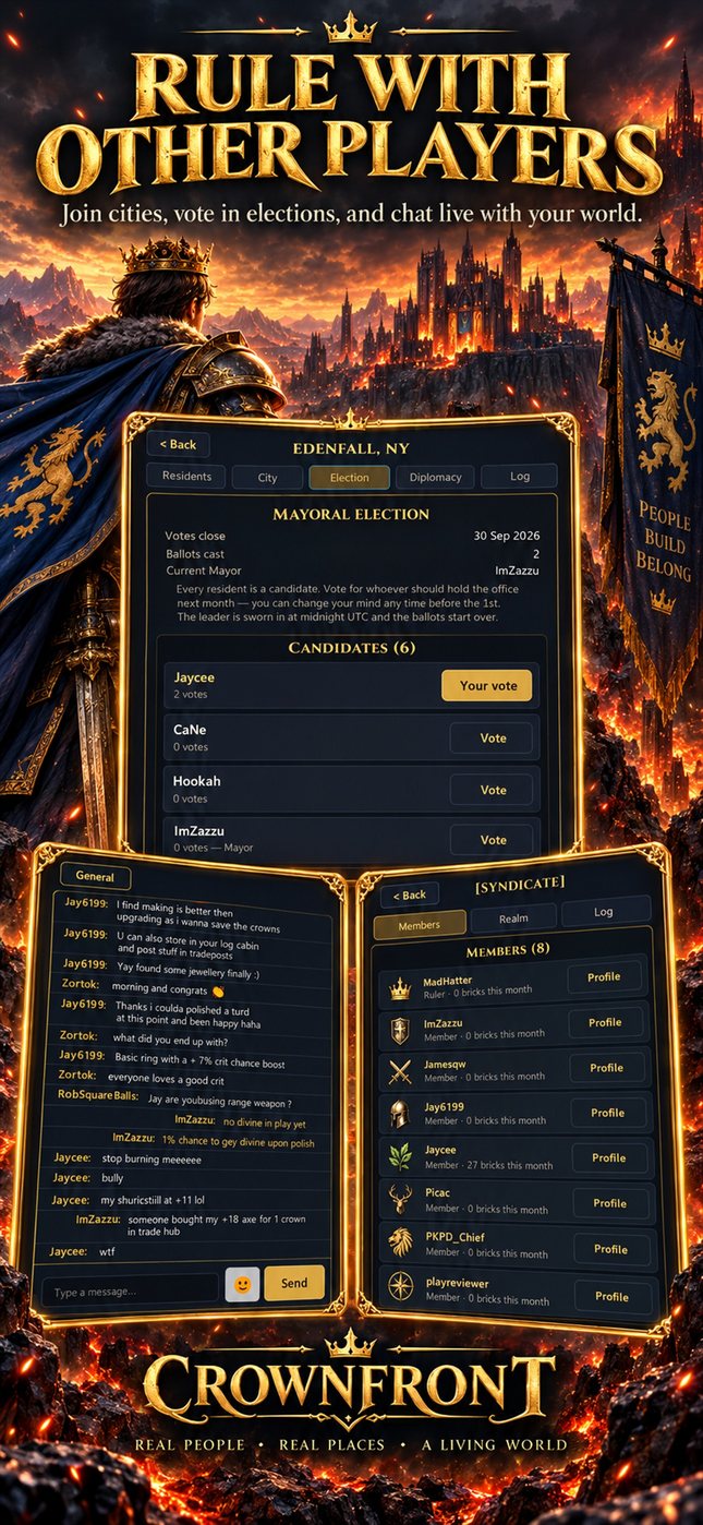 Crownfront store capture: a city's mayoral election, live chat and a kingdom's member list